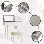 Cassettiera da trucco bianca con specchio a scomparsa, 2 cassetti e 8 scomparti per camera da letto, design 3 in 1, salvaspazio
