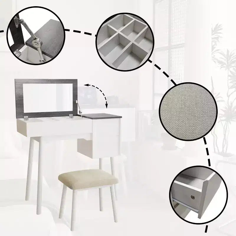 Cassettiera da trucco bianca con specchio a scomparsa, 2 cassetti e 8 scomparti per camera da letto, design 3 in 1, salvaspazio