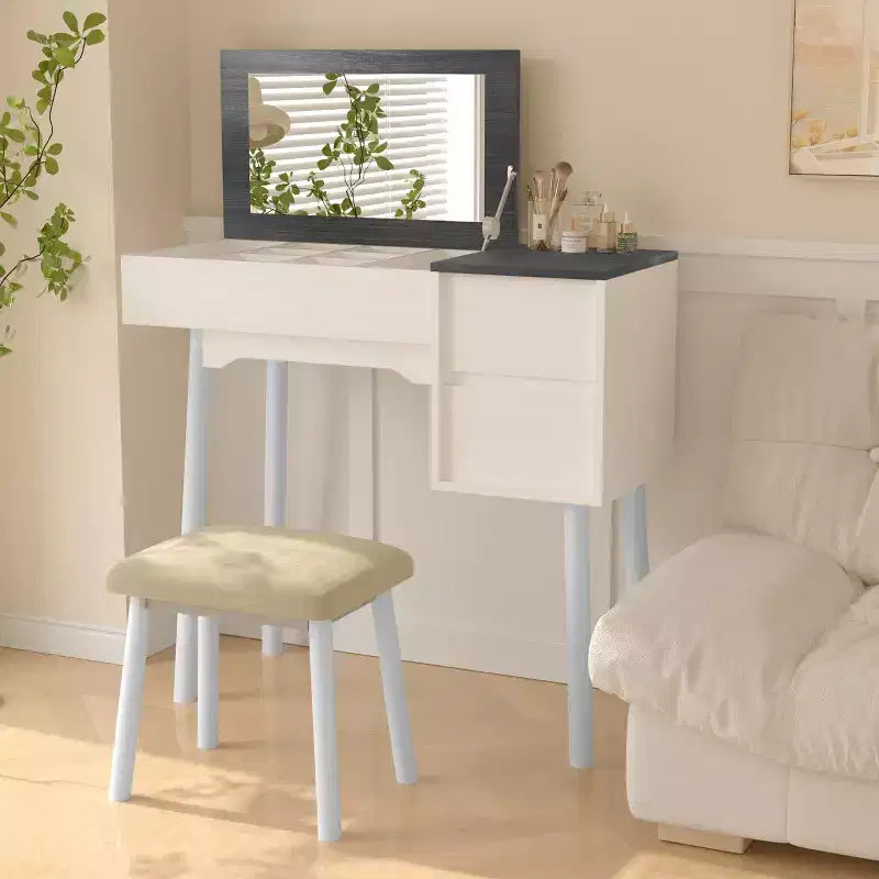 Cassettiera da trucco bianca con specchio a scomparsa, 2 cassetti e 8 scomparti per camera da letto, design 3 in 1, salvaspazio