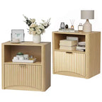 Fluted Design | 23 Inch Oak Bedside Table  Waterproof Wooden Modern Bedside Table with Drawer & Storage  Bedroom Furniture  Light Oak Color 2pcs
