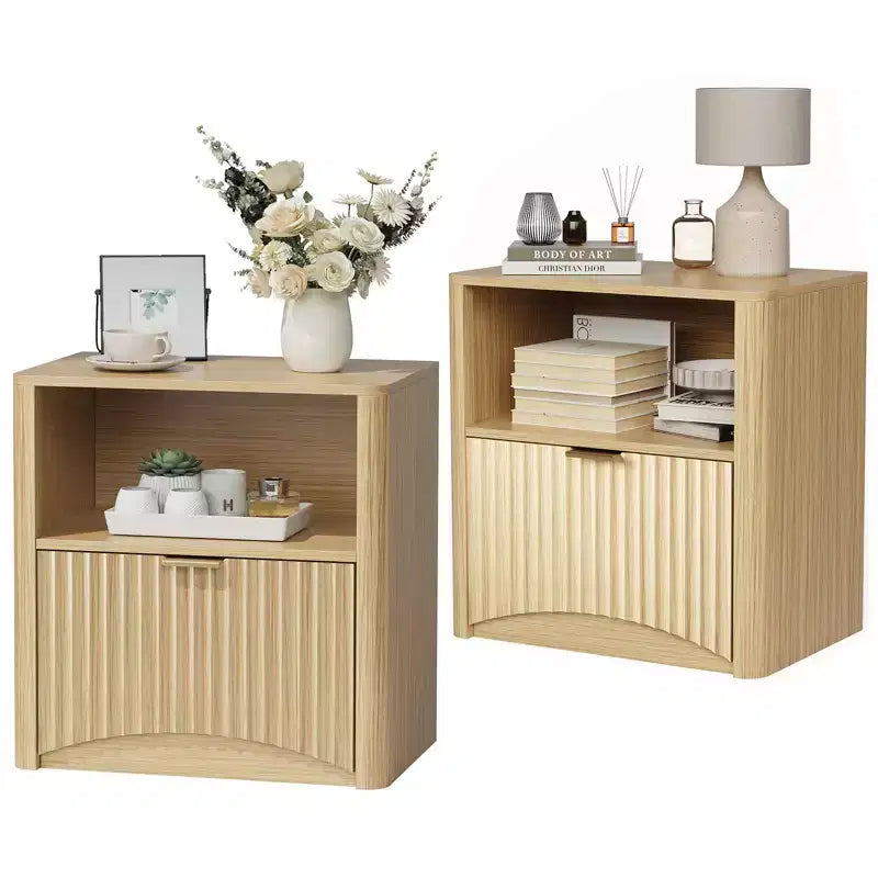 Fluted Design | 23 Inch Oak Bedside Table  Waterproof Wooden Modern Bedside Table with Drawer & Storage  Bedroom Furniture  Light Oak Color 2pcs