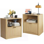 Fluted Design | 23 Inch Oak Bedside Table  Waterproof Wooden Modern Bedside Table with Drawer & Storage  Bedroom Furniture  Light Oak Color 2pcs