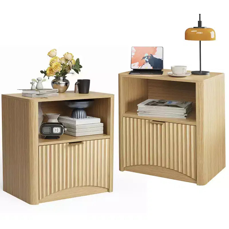 Fluted Design | 23 Inch Oak Bedside Table  Waterproof Wooden Modern Bedside Table with Drawer & Storage  Bedroom Furniture  Light Oak Color 2pcs