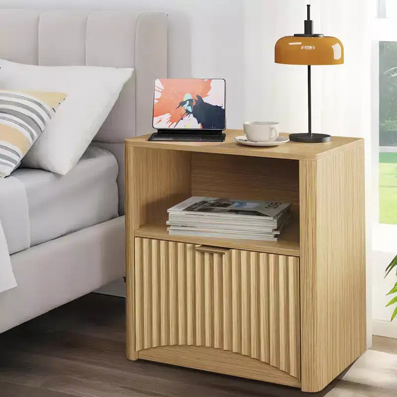 Fluted Design | 23 Inch Oak Bedside Table  Waterproof Wooden Modern Bedside Table with Drawer & Storage  Bedroom Furniture  Light Oak Color 2pcs