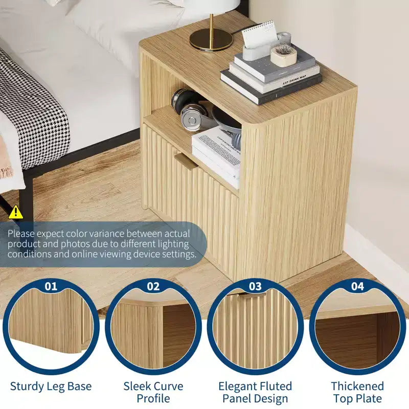 Fluted Design | 23 Inch Oak Bedside Table  Waterproof Wooden Modern Bedside Table with Drawer & Storage  Bedroom Furniture  Light Oak Color 2pcs