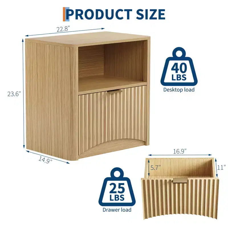 Fluted Design | 23 Inch Oak Bedside Table  Waterproof Wooden Modern Bedside Table with Drawer & Storage  Bedroom Furniture  Light Oak Color 2pcs