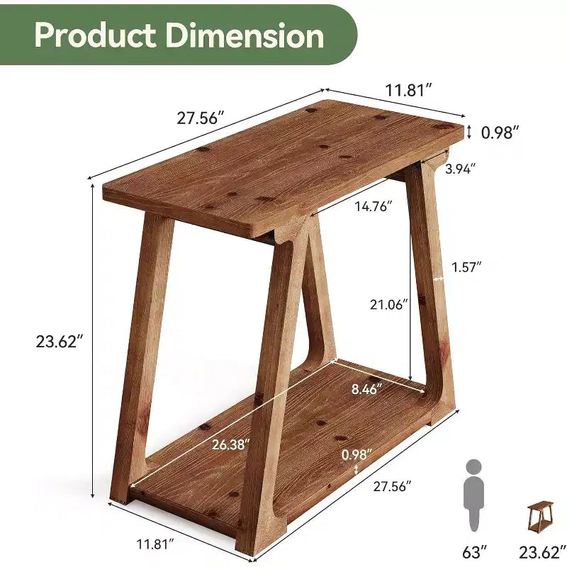 Tavolino da salotto Lantine a 2 ripiani in legno massello, tavolino stretto rettangolare in stile rustico con base trapezoidale per soggiorno, facile da montare