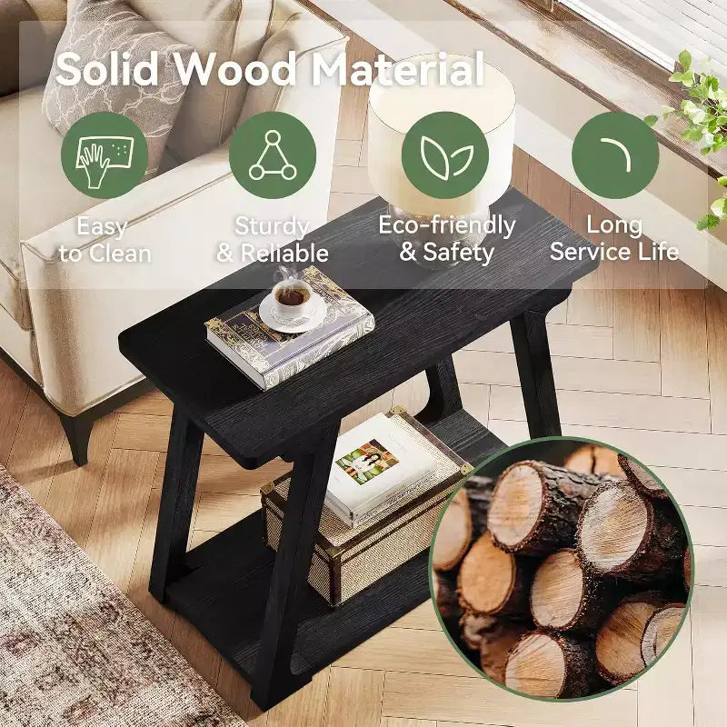 Tavolino da salotto Lantine a 2 ripiani in legno massello, tavolino stretto rettangolare in stile rustico con base trapezoidale per soggiorno, facile da montare