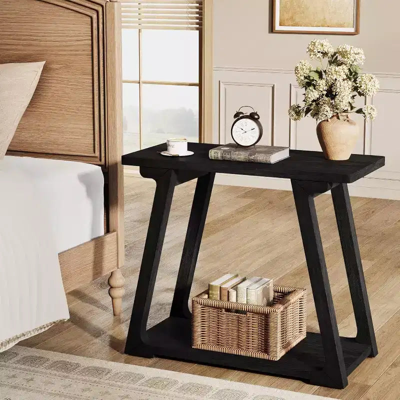 Tavolino da salotto Lantine a 2 ripiani in legno massello, tavolino stretto rettangolare in stile rustico con base trapezoidale per soggiorno, facile da montare