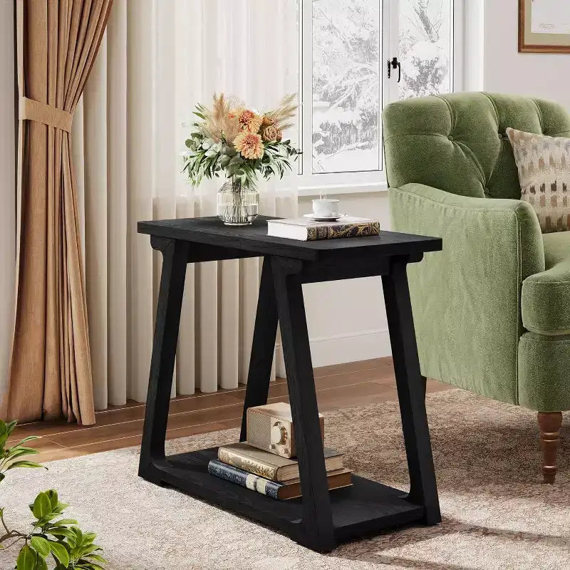 Tavolino da salotto Lantine a 2 ripiani in legno massello, tavolino stretto rettangolare in stile rustico con base trapezoidale per soggiorno, facile da montare