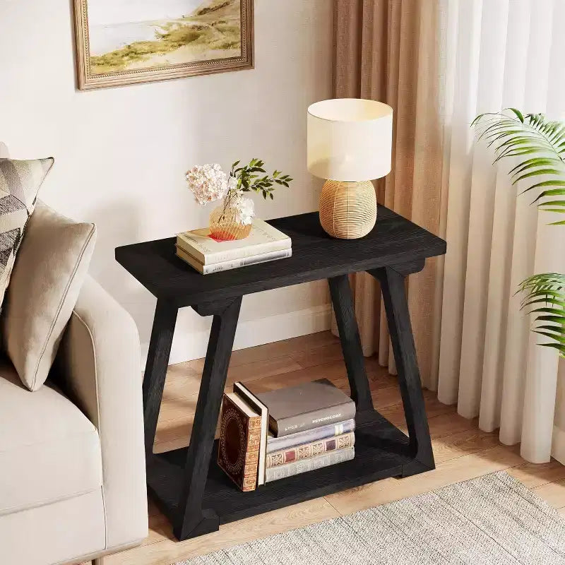 Tavolino da salotto Lantine a 2 ripiani in legno massello, tavolino stretto rettangolare in stile rustico con base trapezoidale per soggiorno, facile da montare