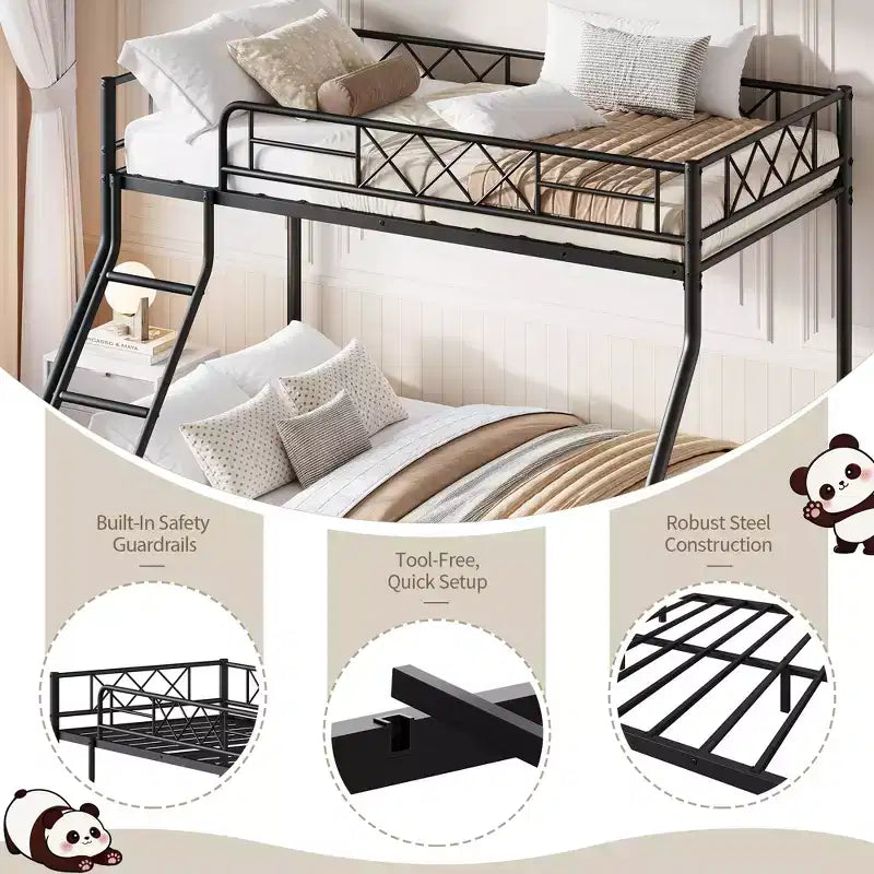 Struttura letto a castello in metallo a due piazze per adulti e bambini, letto a castello salvaspazio a basso profilo con scaletta e ringhiera a tutta lunghezza, nessuna molla a scatola necessaria
