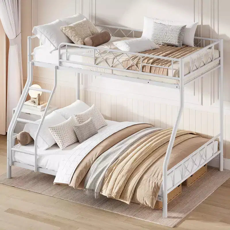 Struttura letto a castello in metallo a due piazze per adulti e bambini, letto a castello salvaspazio a basso profilo con scaletta e ringhiera a tutta lunghezza, nessuna molla a scatola necessaria