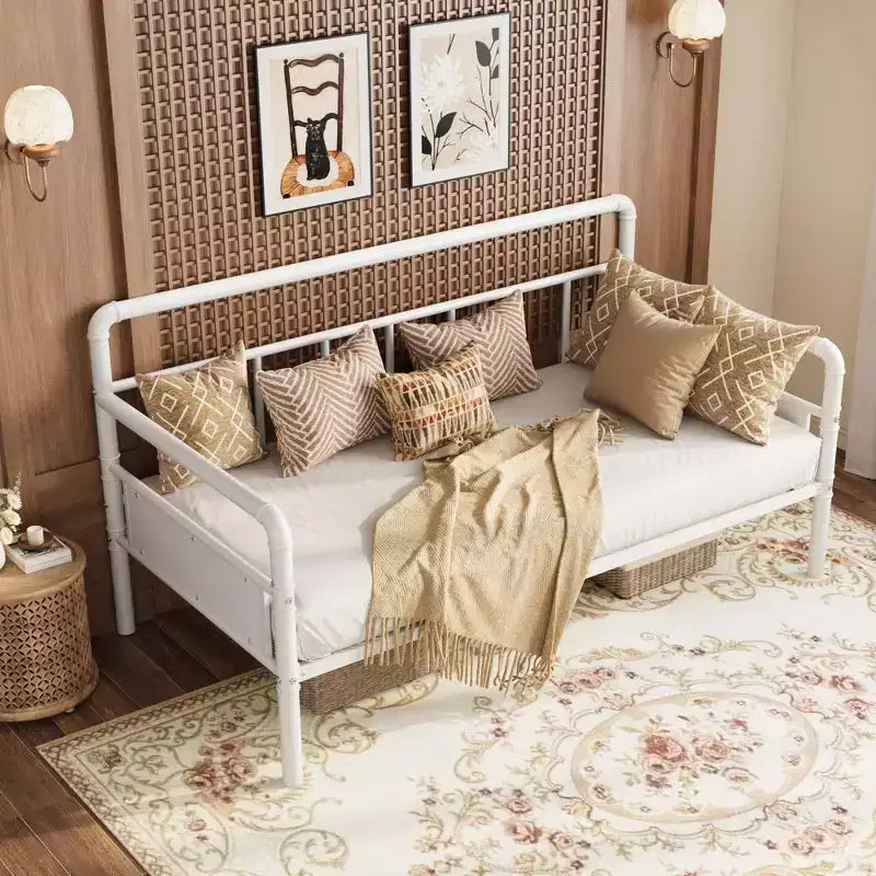 Struttura Letto a Scomparsa in Metallo Misura Singola con Testiera in Legno, Base Letto Singolo Robusta in Metallo per Soggiorno, Camera degli Ospiti, Camera da Letto, Contenitore Sotto il Letto