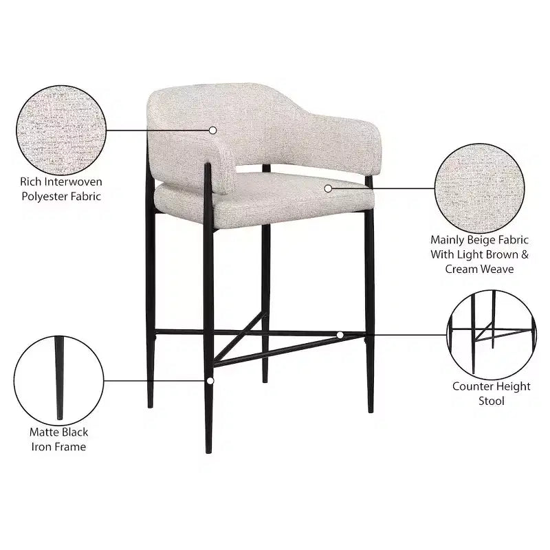 Meridian Furniture Sgabello da bancone rivestito in tessuto Dame, set da 2