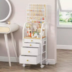 Large Jewelry Organizer Stand,Multifunctional Tower for Necklace Earring Ring Bracelet,Movable Holder with 4 Nonwoven Drawers for Bedroom,White