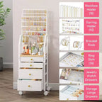 Large Jewelry Organizer Stand,Multifunctional Tower for Necklace Earring Ring Bracelet,Movable Holder with 4 Nonwoven Drawers for Bedroom,White