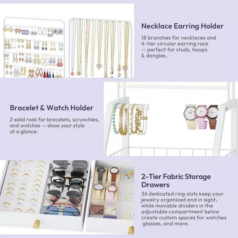 Large Jewelry Organizer Stand,Multifunctional Tower for Necklace Earring Ring Bracelet,Movable Holder with 4 Nonwoven Drawers for Bedroom,White