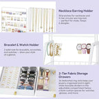 Large Jewelry Organizer Stand,Multifunctional Tower for Necklace Earring Ring Bracelet,Movable Holder with 4 Nonwoven Drawers for Bedroom,White