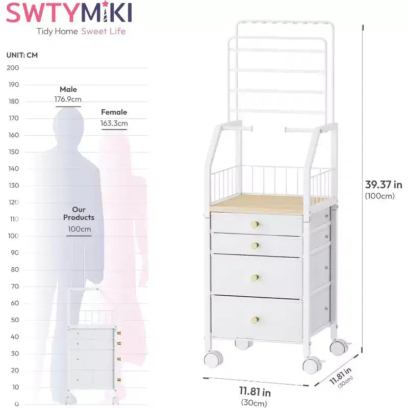 Large Jewelry Organizer Stand,Multifunctional Tower for Necklace Earring Ring Bracelet,Movable Holder with 4 Nonwoven Drawers for Bedroom,White