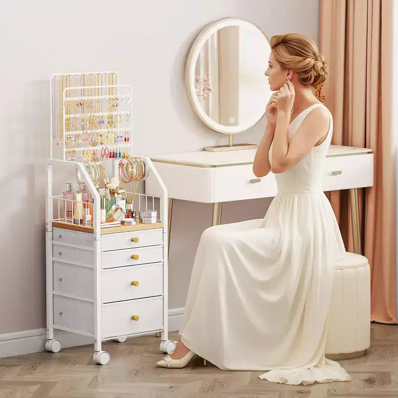 Large Jewelry Organizer Stand,Multifunctional Tower for Necklace Earring Ring Bracelet,Movable Holder with 4 Nonwoven Drawers for Bedroom,White