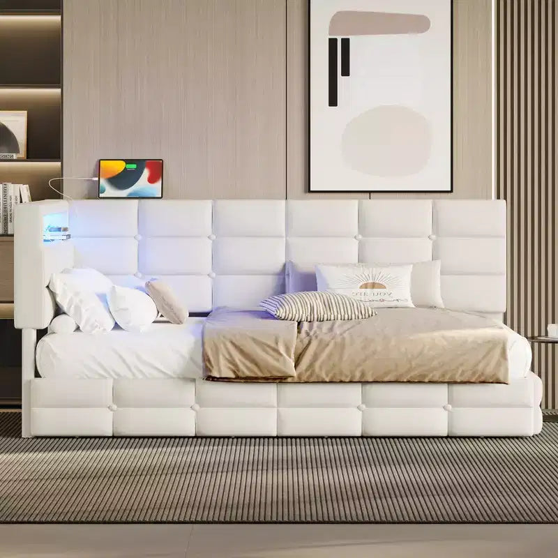 FAMYYT Twin Size Upholstered Daybed With 2 Drawers, Charging Station, LED Lights and Storage Headboard, Easy Assembly