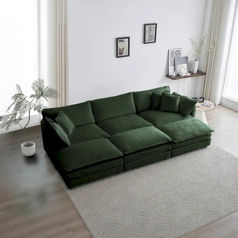 Divano sezionale a U verde a 6 posti con 3 pouf e cuscini