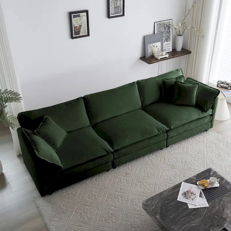Divano sezionale a U verde a 6 posti con 3 pouf e cuscini