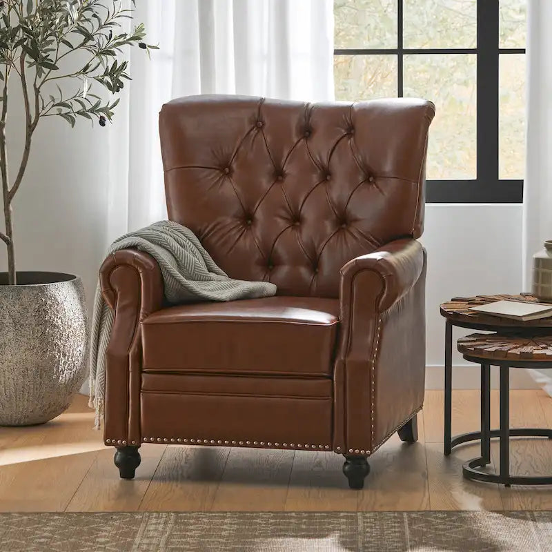 Push Back Recliner, Footrest, Button Back, Nailhead Trim