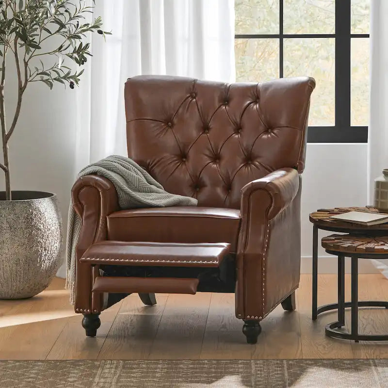 Push Back Recliner, Footrest, Button Back, Nailhead Trim