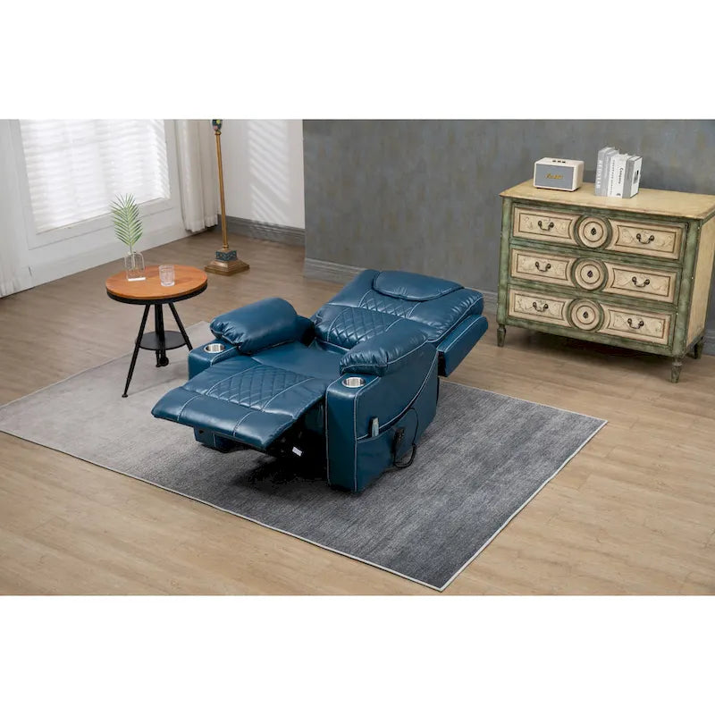 Poltrona reclinabile blu oversize in pelle PU con alzata assistita, massaggio, riscaldamento, reclinazione completa