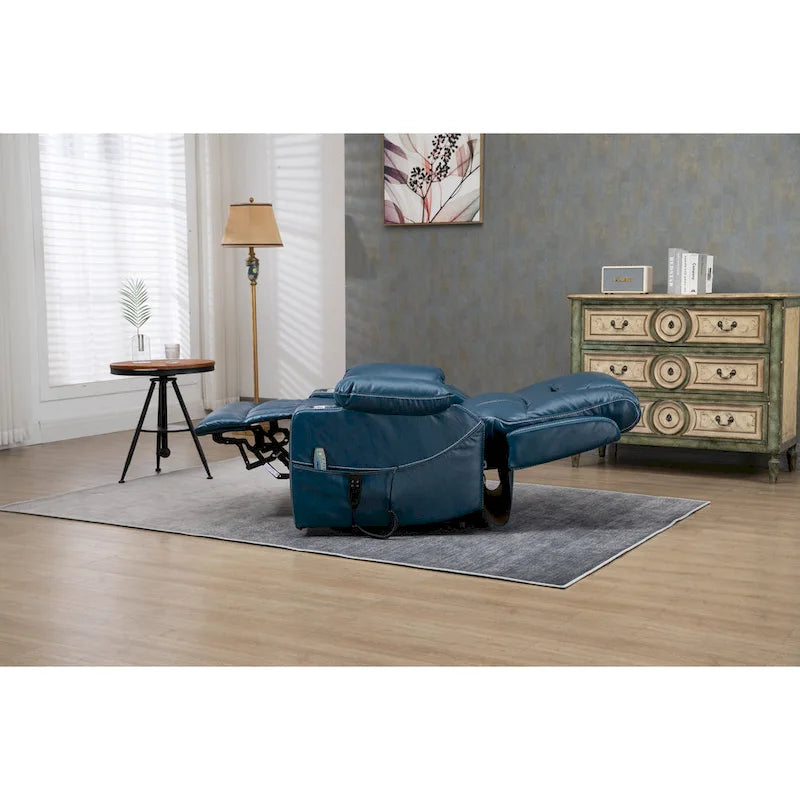 Poltrona reclinabile blu oversize in pelle PU con alzata assistita, massaggio, riscaldamento, reclinazione completa