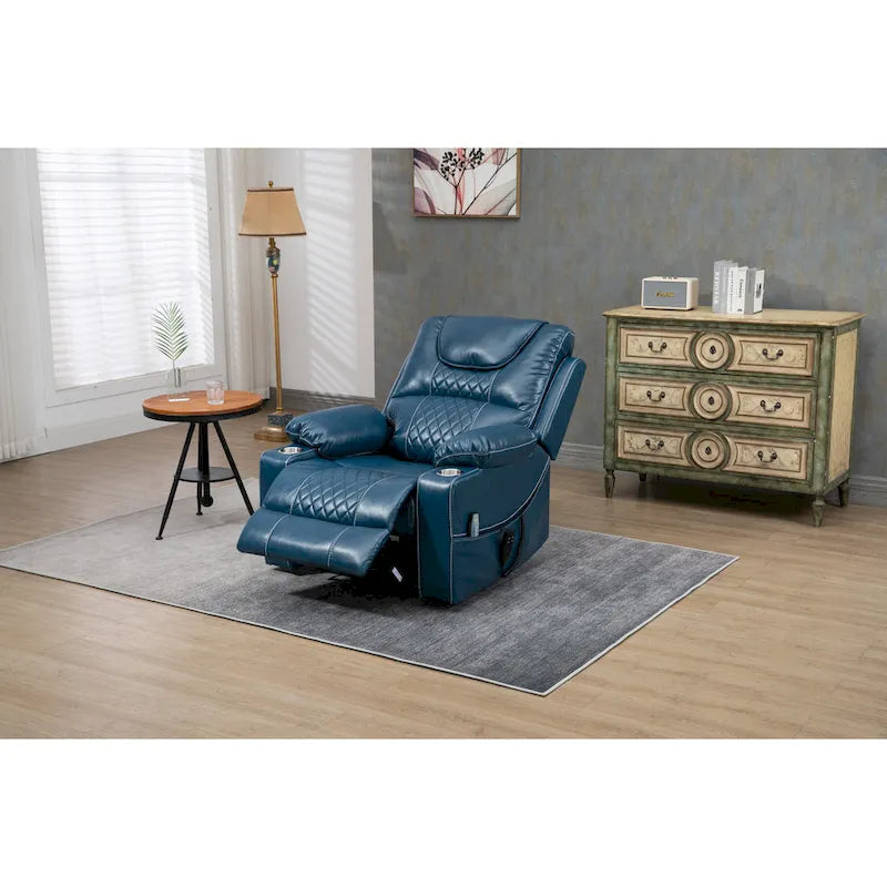 Poltrona reclinabile blu oversize in pelle PU con alzata assistita, massaggio, riscaldamento, reclinazione completa