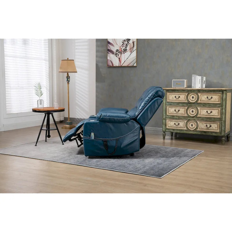 Poltrona reclinabile blu oversize in pelle PU con alzata assistita, massaggio, riscaldamento, reclinazione completa