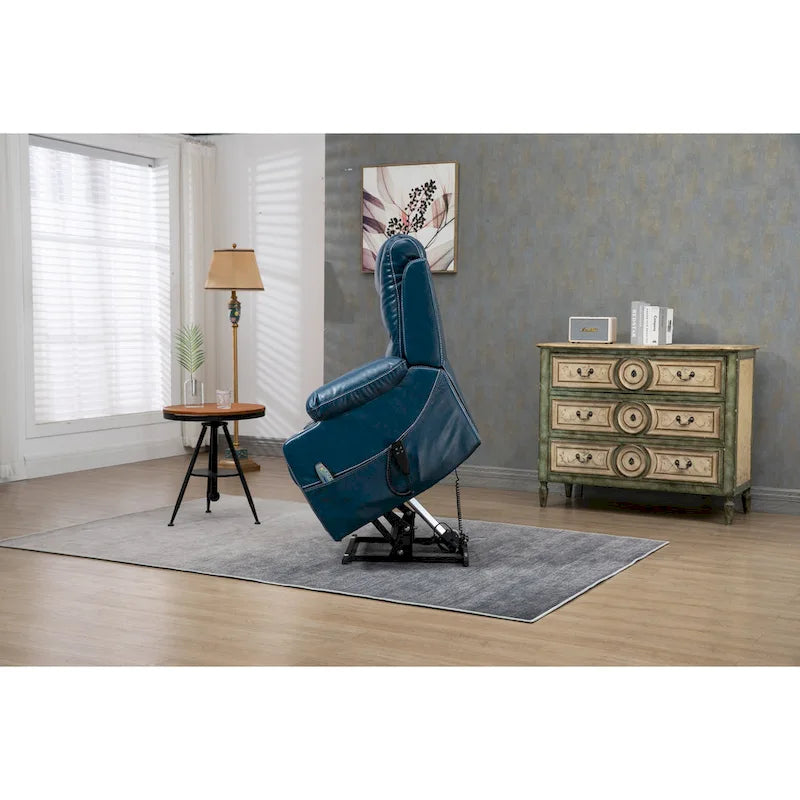 Poltrona reclinabile blu oversize in pelle PU con alzata assistita, massaggio, riscaldamento, reclinazione completa