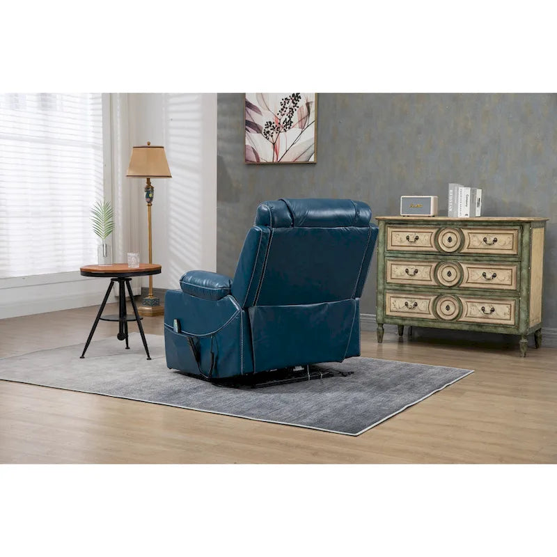 Poltrona reclinabile blu oversize in pelle PU con alzata assistita, massaggio, riscaldamento, reclinazione completa
