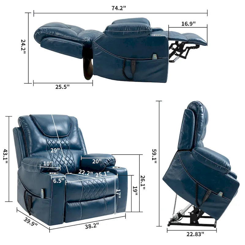 Poltrona reclinabile blu oversize in pelle PU con alzata assistita, massaggio, riscaldamento, reclinazione completa