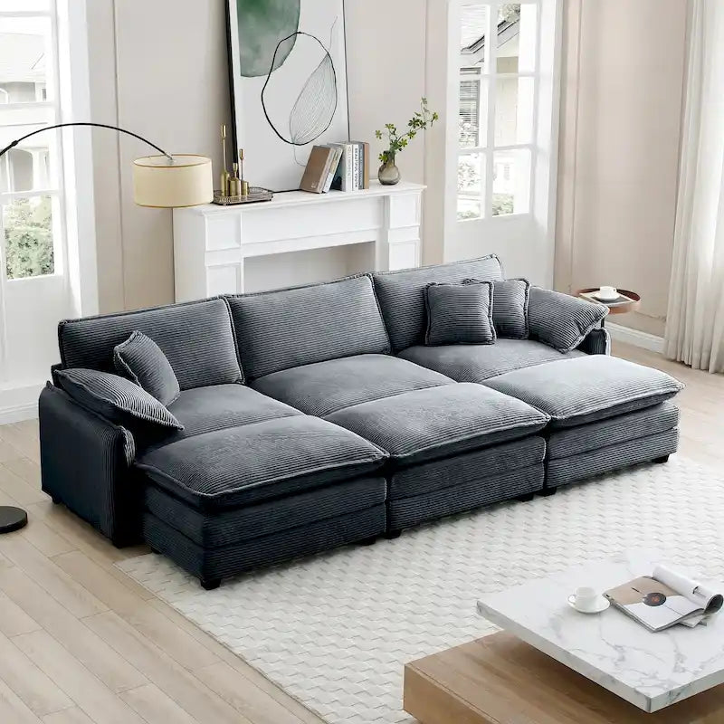 6-piece Corduroy Upholstered Modular Sleeper Sectional Sofa with 3 Removable Ottoman and 5 Pillows, Free Combination