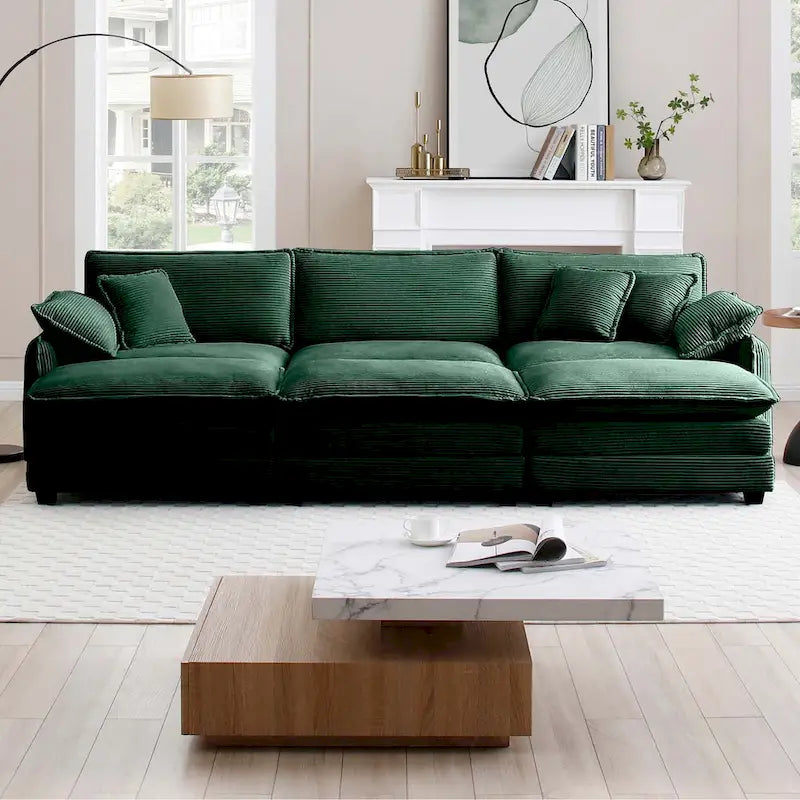 6-piece Corduroy Upholstered Modular Sleeper Sectional Sofa with 3 Removable Ottoman and 5 Pillows, Free Combination