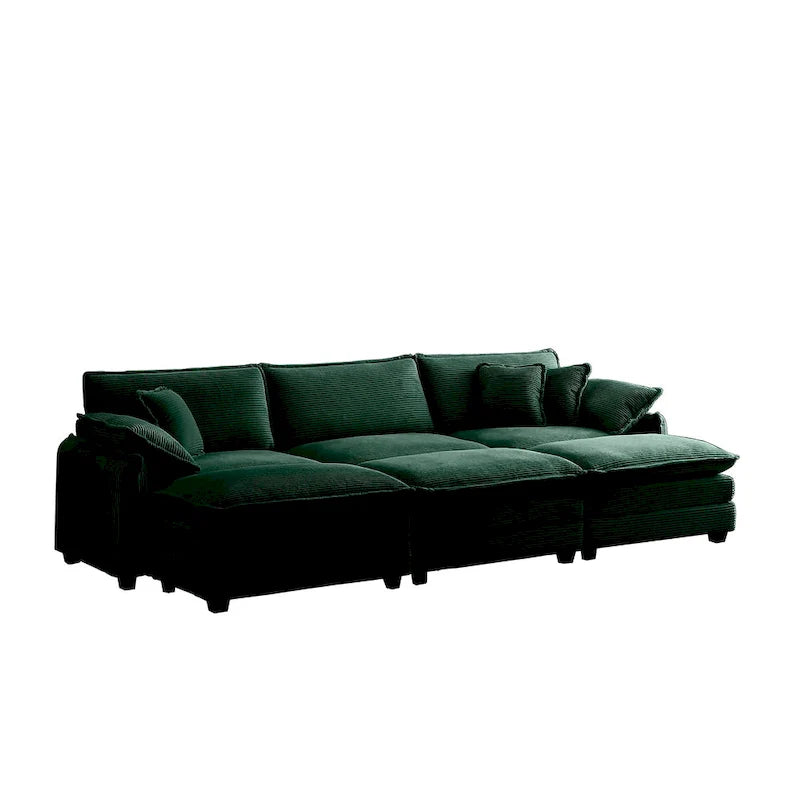 6-piece Corduroy Upholstered Modular Sleeper Sectional Sofa with 3 Removable Ottoman and 5 Pillows, Free Combination