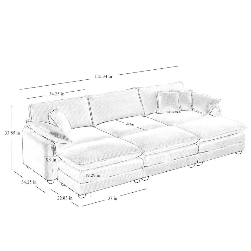 6-piece Corduroy Upholstered Modular Sleeper Sectional Sofa with 3 Removable Ottoman and 5 Pillows, Free Combination