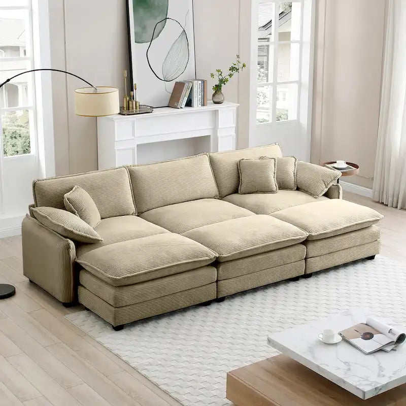 6-piece Corduroy Upholstered Modular Sleeper Sectional Sofa with 3 Removable Ottoman and 5 Pillows, Free Combination