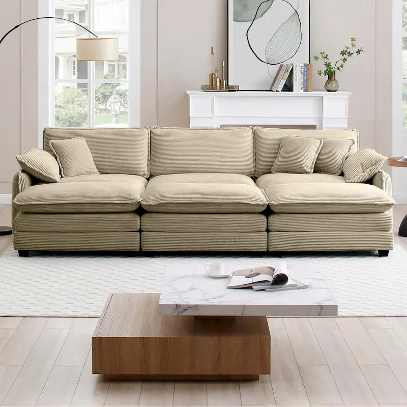 6-piece Corduroy Upholstered Modular Sleeper Sectional Sofa with 3 Removable Ottoman and 5 Pillows, Free Combination