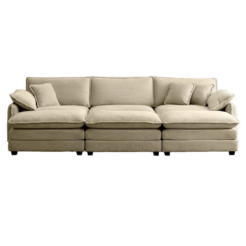 6-piece Corduroy Upholstered Modular Sleeper Sectional Sofa with 3 Removable Ottoman and 5 Pillows, Free Combination