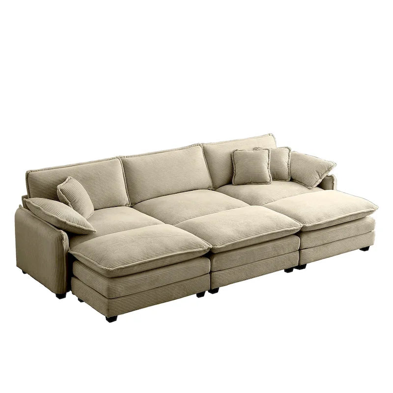 6-piece Corduroy Upholstered Modular Sleeper Sectional Sofa with 3 Removable Ottoman and 5 Pillows, Free Combination