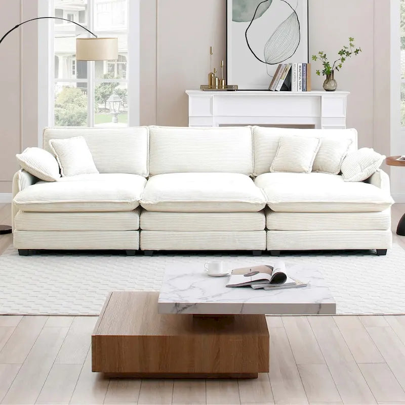 6-piece Corduroy Upholstered Modular Sleeper Sectional Sofa with 3 Removable Ottoman and 5 Pillows, Free Combination