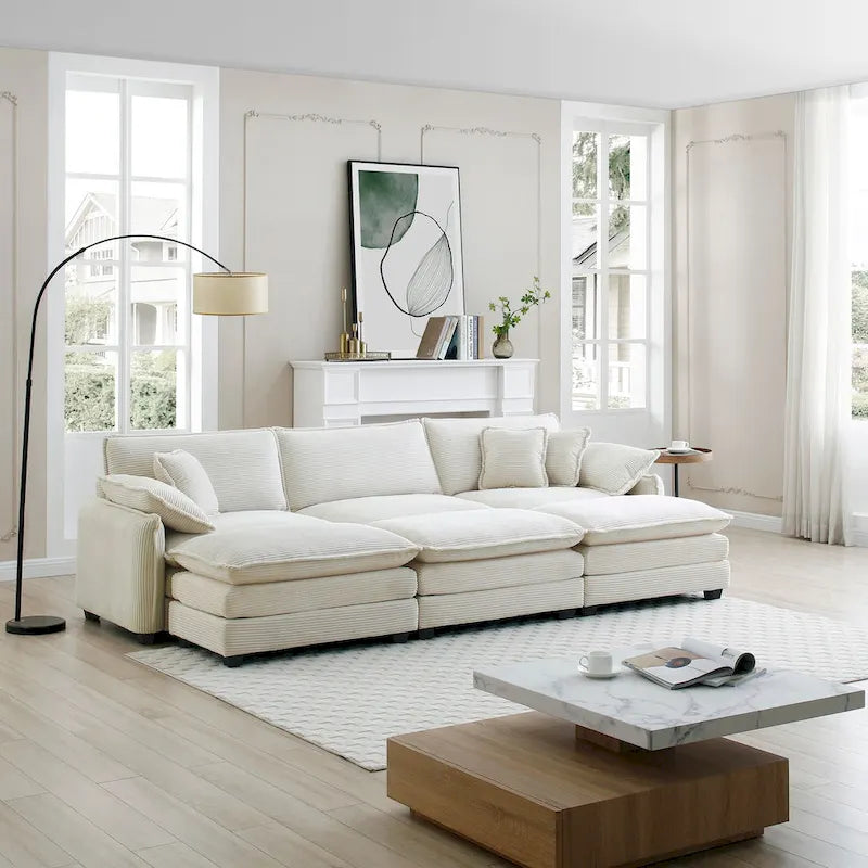 6-piece Corduroy Upholstered Modular Sleeper Sectional Sofa with 3 Removable Ottoman and 5 Pillows, Free Combination