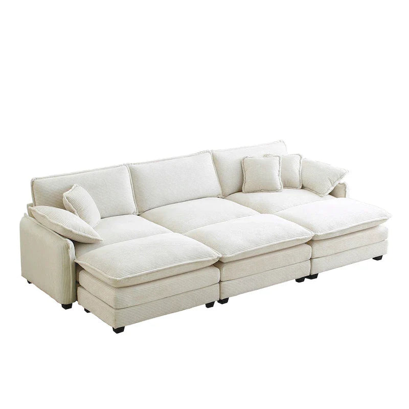 6-piece Corduroy Upholstered Modular Sleeper Sectional Sofa with 3 Removable Ottoman and 5 Pillows, Free Combination