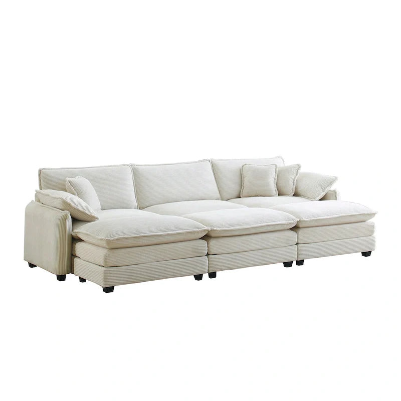 6-piece Corduroy Upholstered Modular Sleeper Sectional Sofa with 3 Removable Ottoman and 5 Pillows, Free Combination