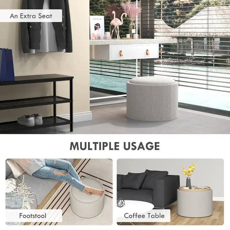 Round Storage Ottoman Coffee Table with Flip Top Tray, Gray